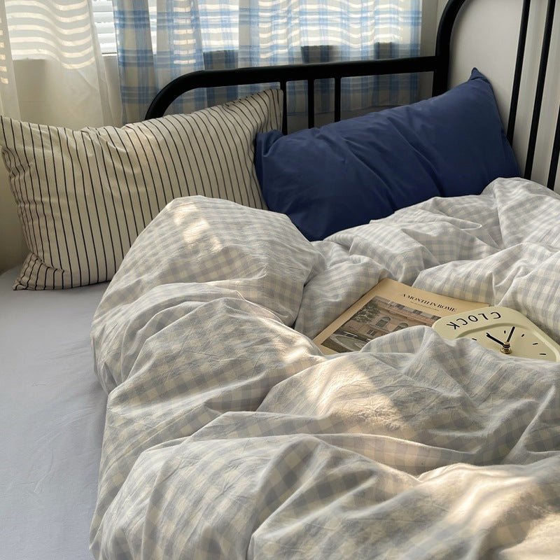 Mixed Gingham Striped Bedding Set / Brown