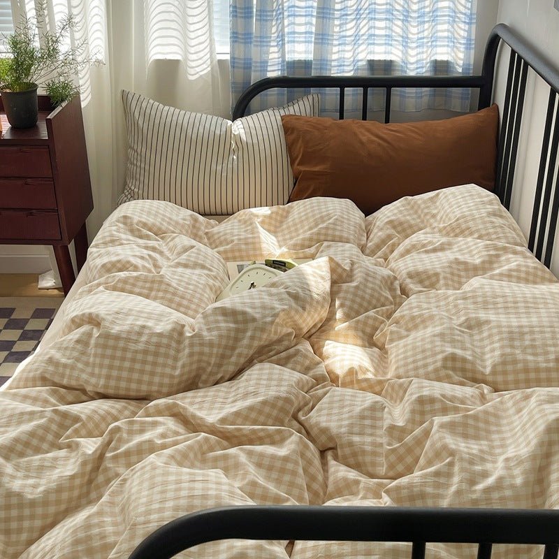 Mixed Gingham Striped Bedding Set / Brown