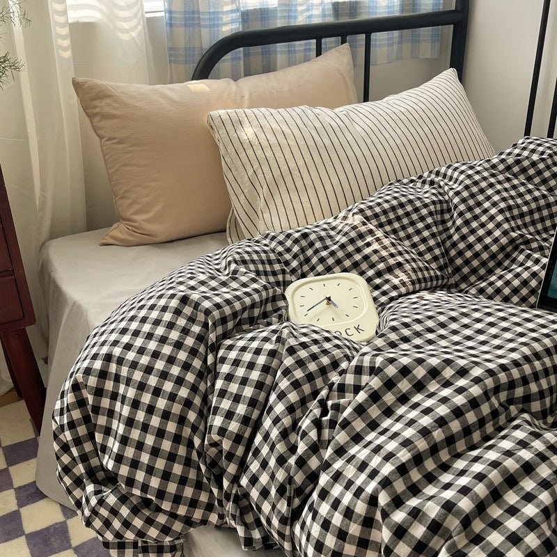 Mixed Gingham Striped Bedding Set / Brown