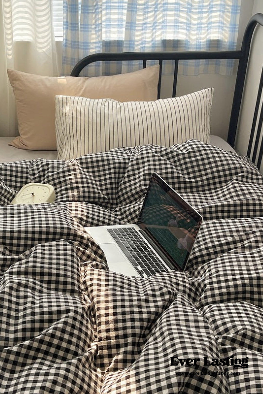 Mixed Gingham Striped Bedding Set / Purple Pink