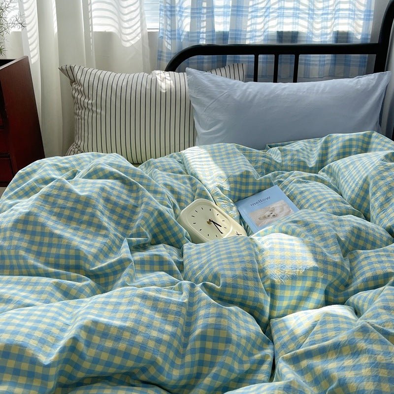 Mixed Gingham Striped Bedding Set / Purple Pink