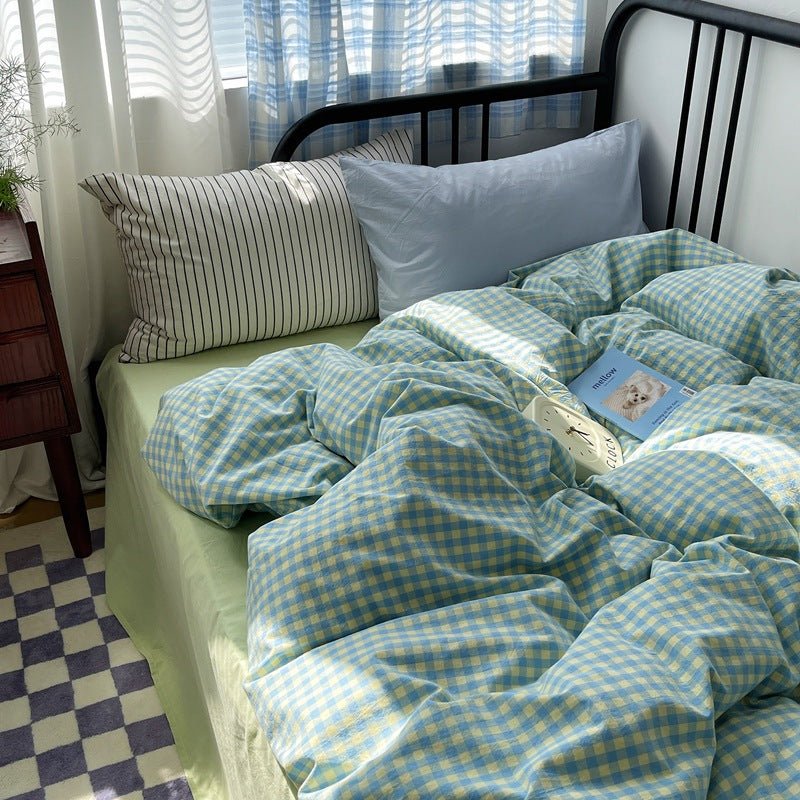 Mixed Gingham Striped Bedding Set / Purple Pink