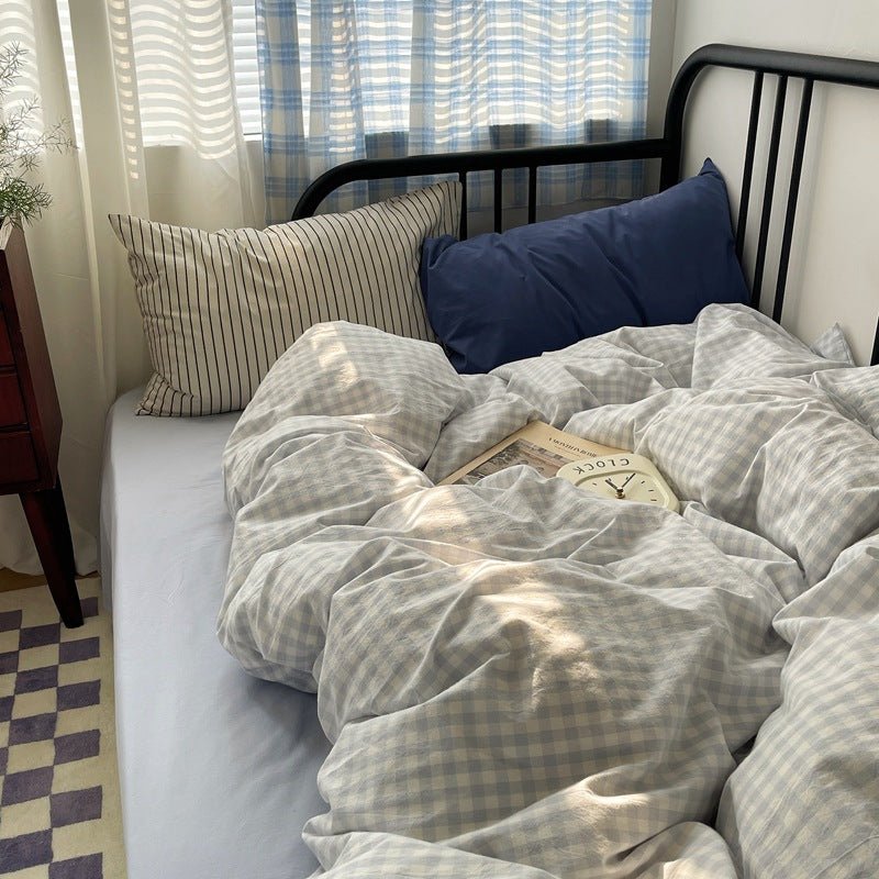 Mixed Gingham Striped Bedding Set / Purple Pink