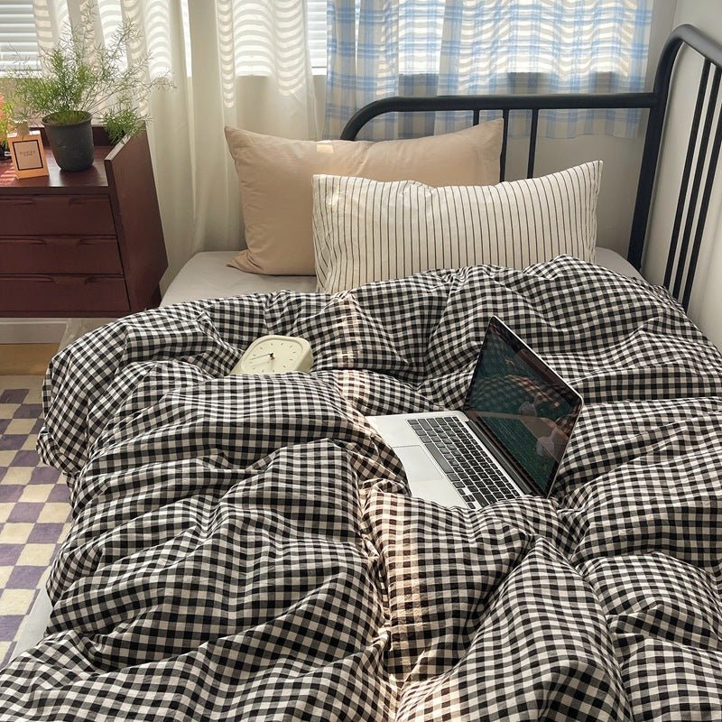 Mixed Gingham Striped Bedding Set / Purple Pink