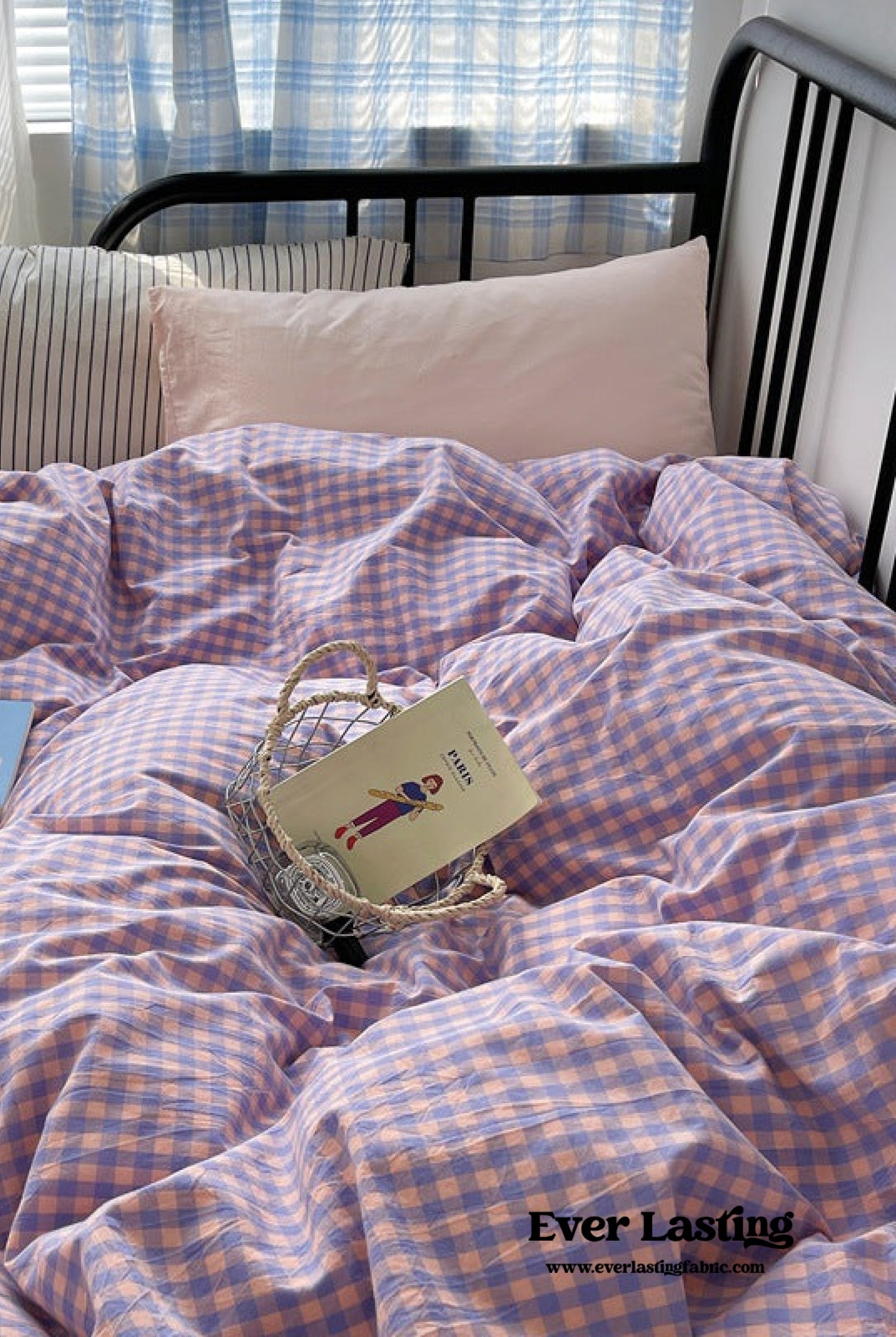 Mixed Gingham Striped Bedding Set / Purple Pink