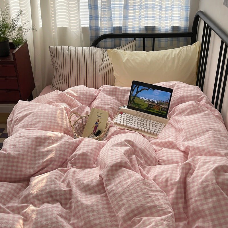 Mixed Gingham Striped Bedding Set / Purple Pink