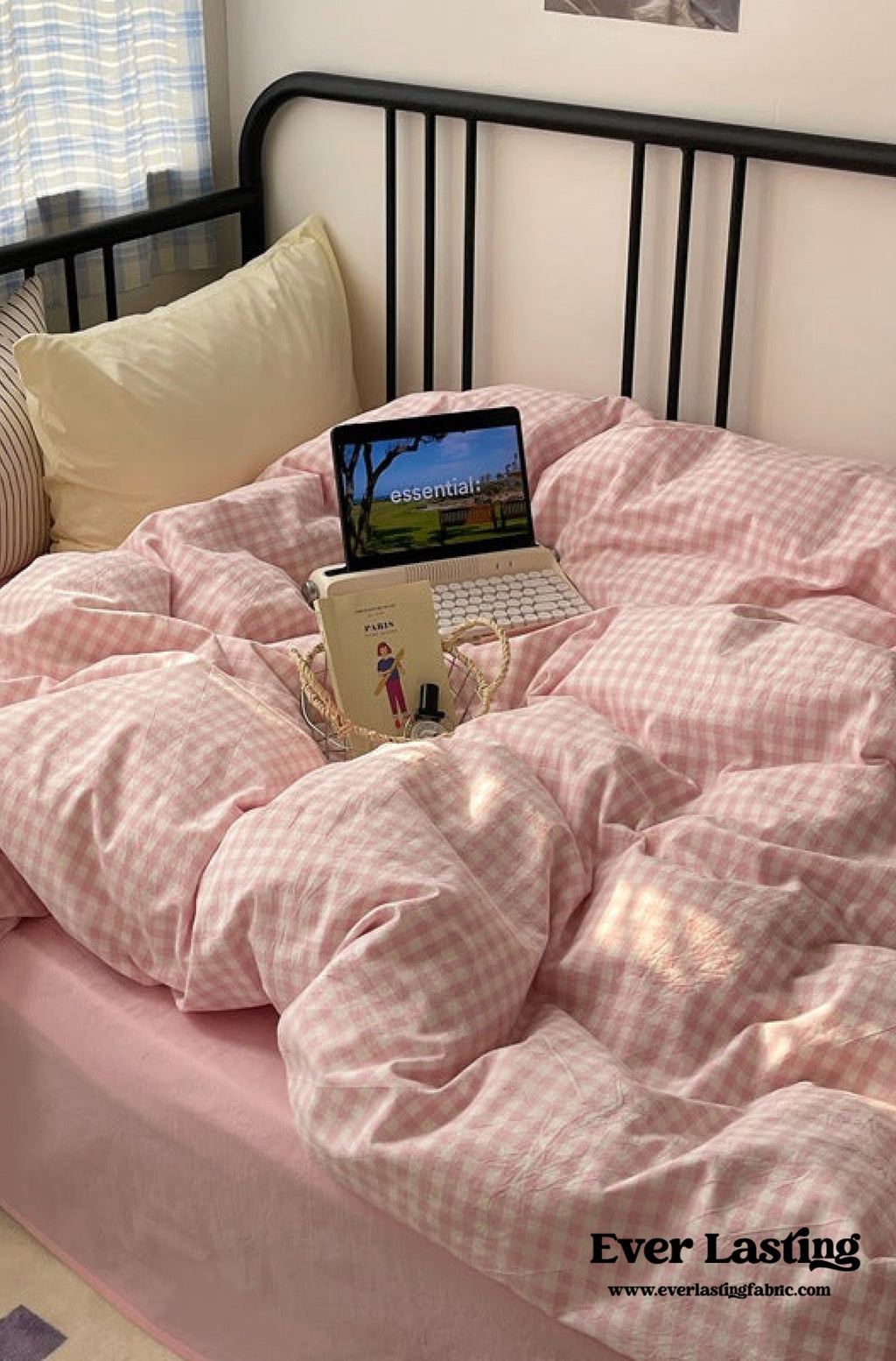 Mixed Gingham Striped Bedding Set / Purple Pink