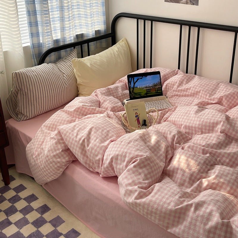 Mixed Gingham Striped Bedding Set / Purple Pink