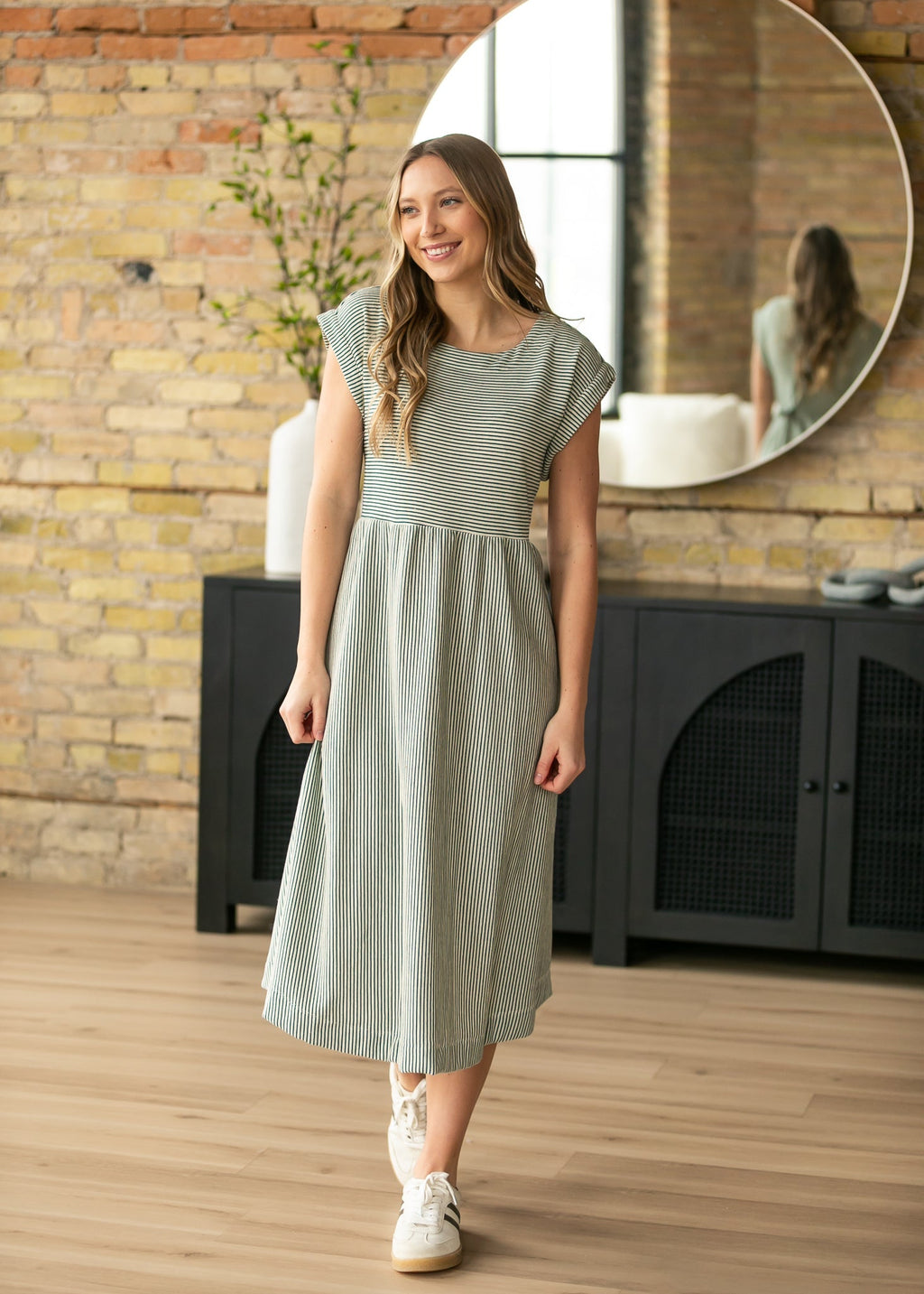 Olivia Green A-line Striped  Midi Dress