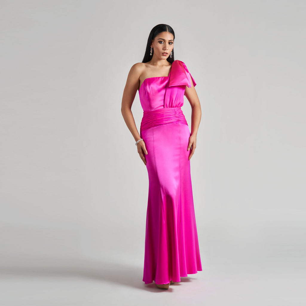 Gathered Waist One Shoulder Bow Gown _ Custom Colors Available