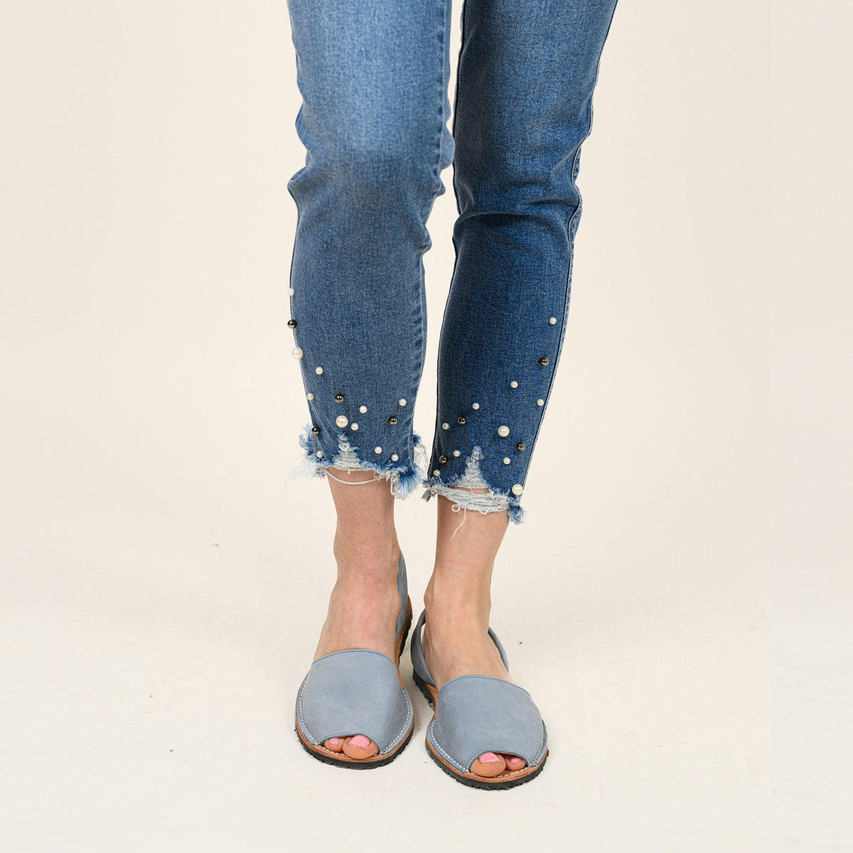 Pearl Beaded Distressed Hem Capris