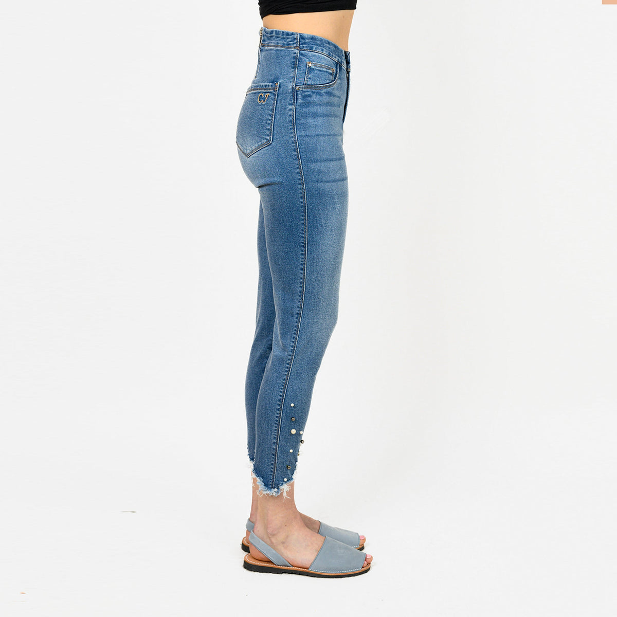 Pearl Beaded Distressed Hem Capris