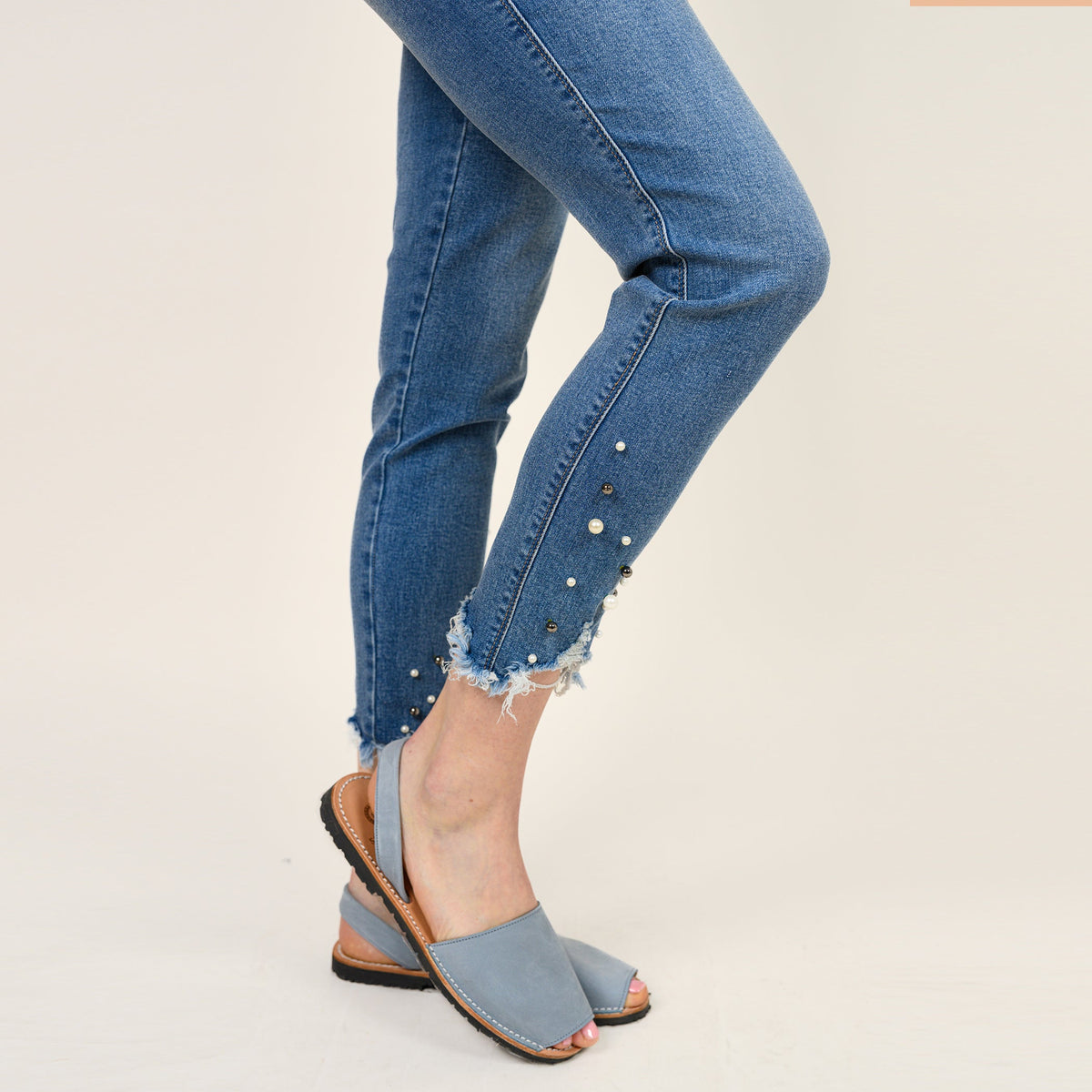Pearl Beaded Distressed Hem Capris
