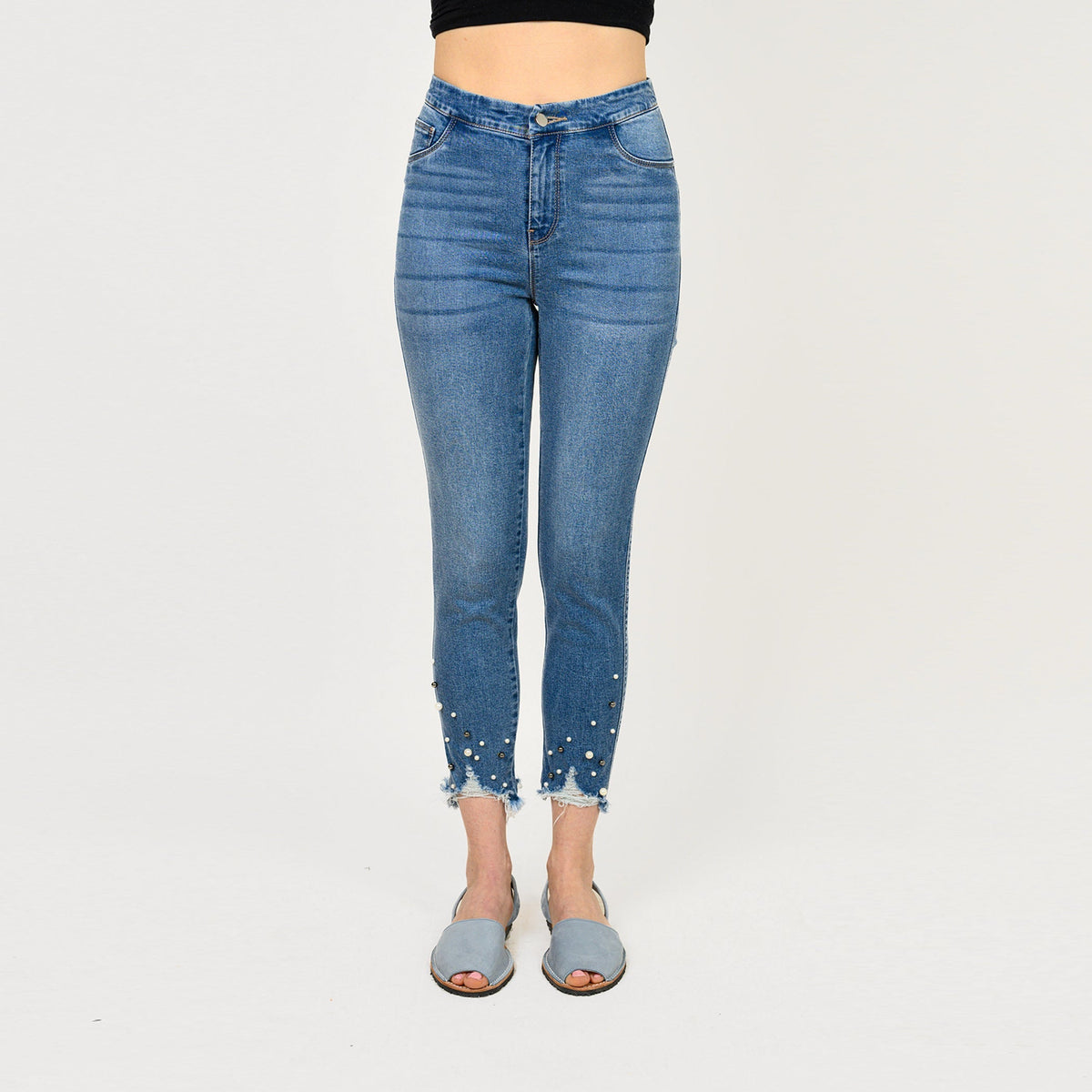 Pearl Beaded Distressed Hem Capris