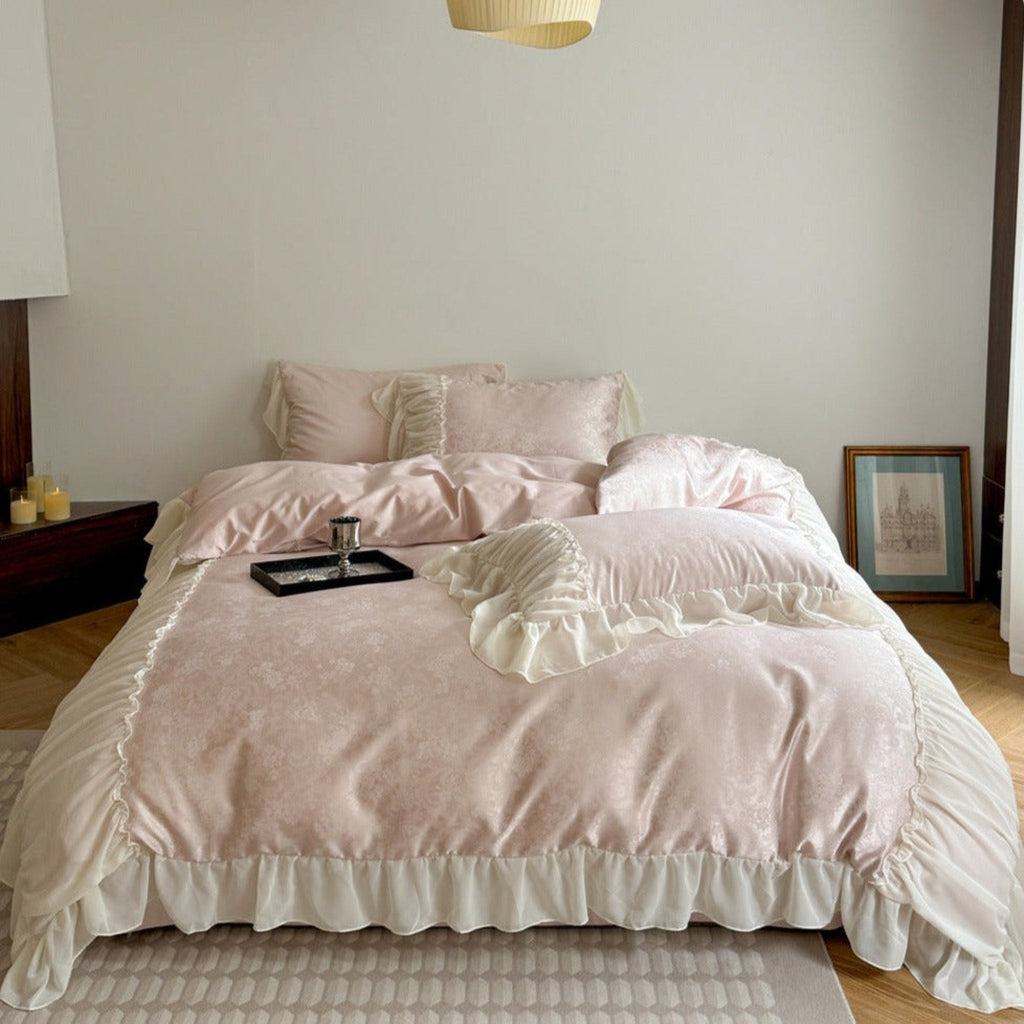 Pink Floral Ruffle Cottage Bedding Set