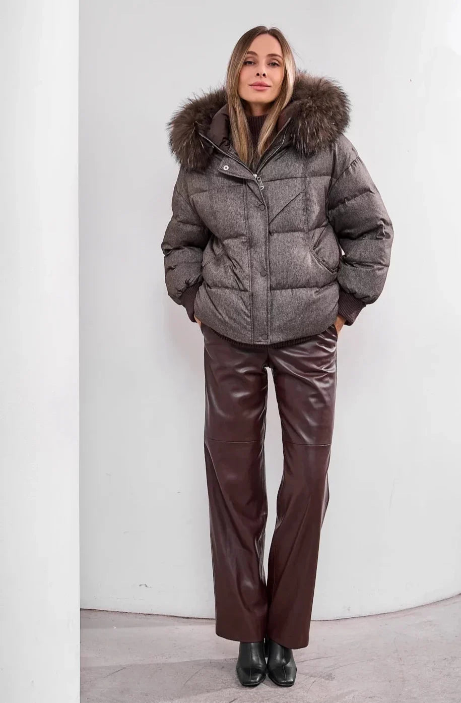 Remi Genuine Fur Trim Down Fill Jacket in Umber