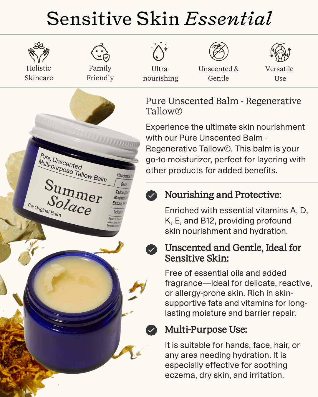 Pure Unscented – Family Size Tallow Balm | 11.5 oz Bulk in Clear Glass