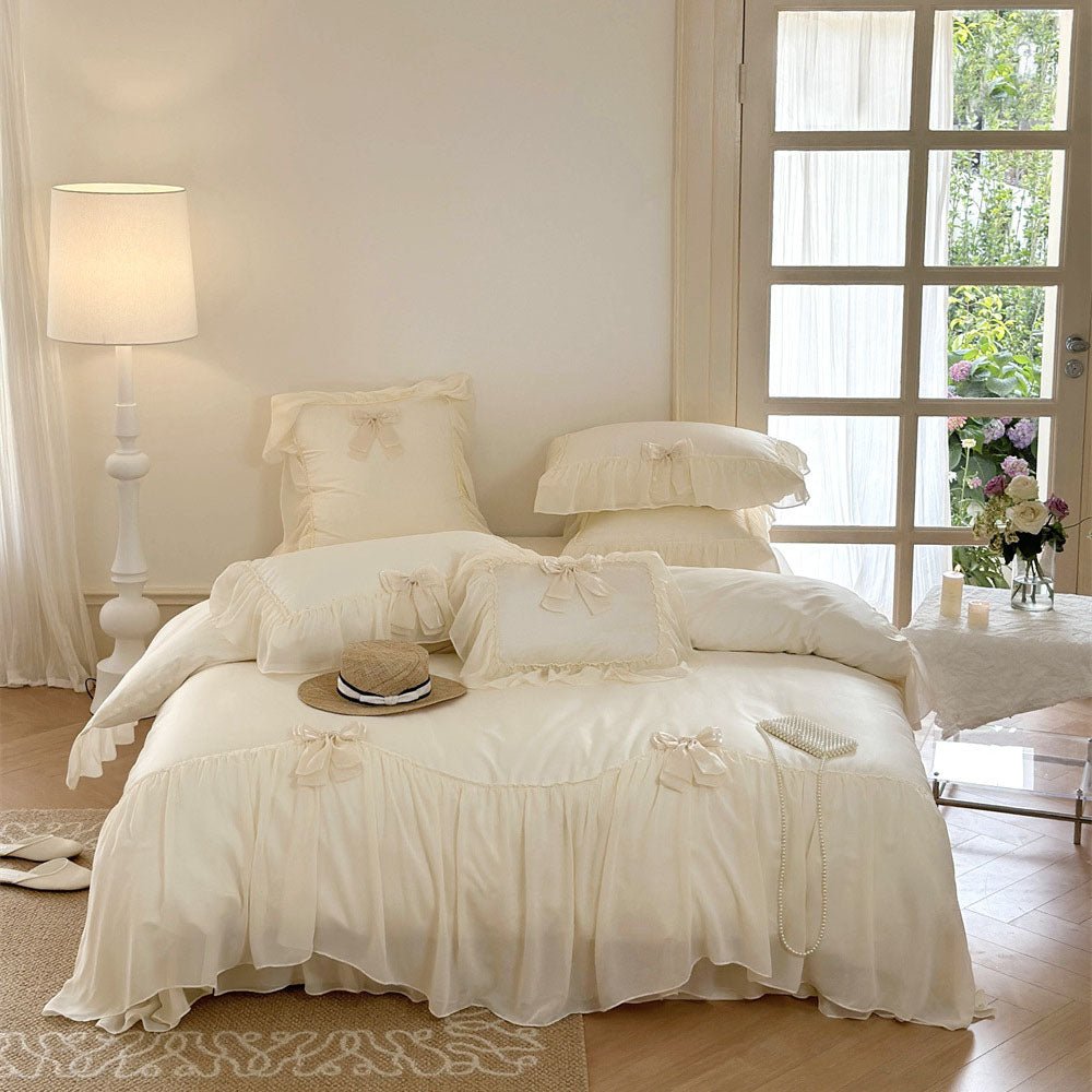 Ribbon Bow Airy Lace Bedding Set / Cream White
