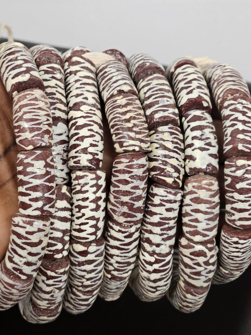 Handcrafted Krobo Painted Recycled Glass Beads – African Brown Tube Beads with Cream Zigzag Patterns (17–18mm × 28–30mm)