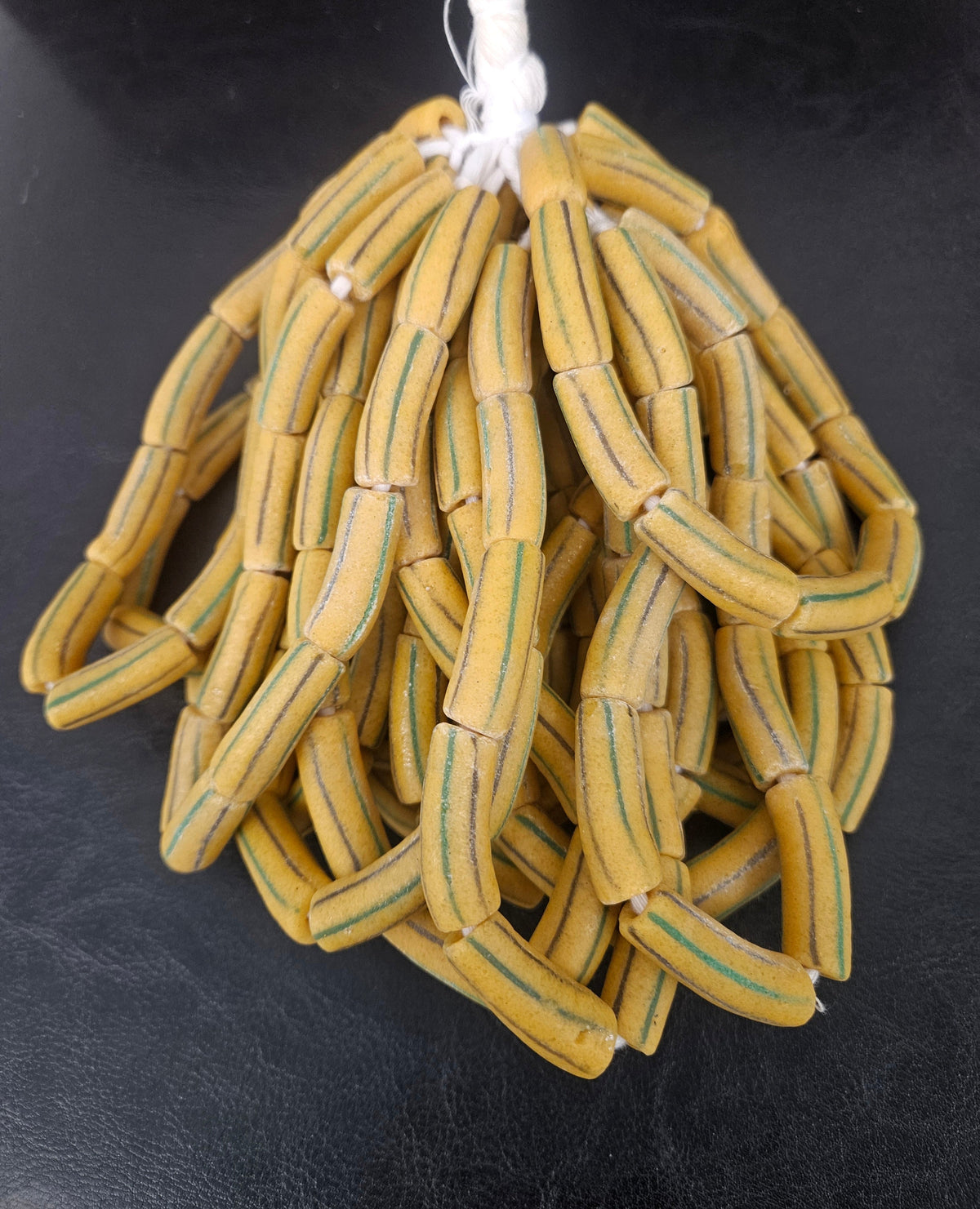 African Glass Beads – Painted Krobo Long Tubes, Mustard & Green Handmade Beads