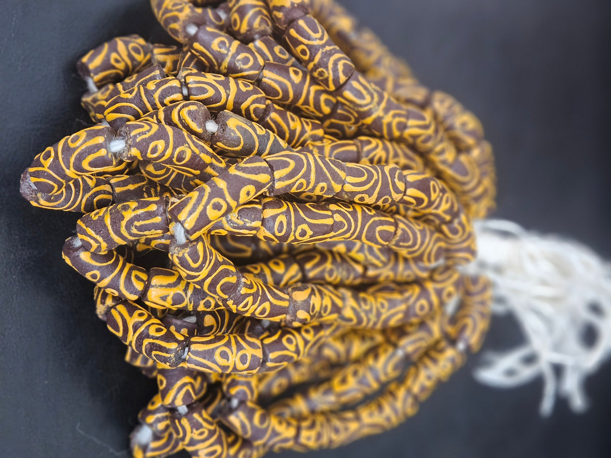 Handcrafted Krobo Painted Glass Tube Beads – Espresso Brown & Golden Ochre | Ghana Recycled Glass | Approx. 10 Beads
