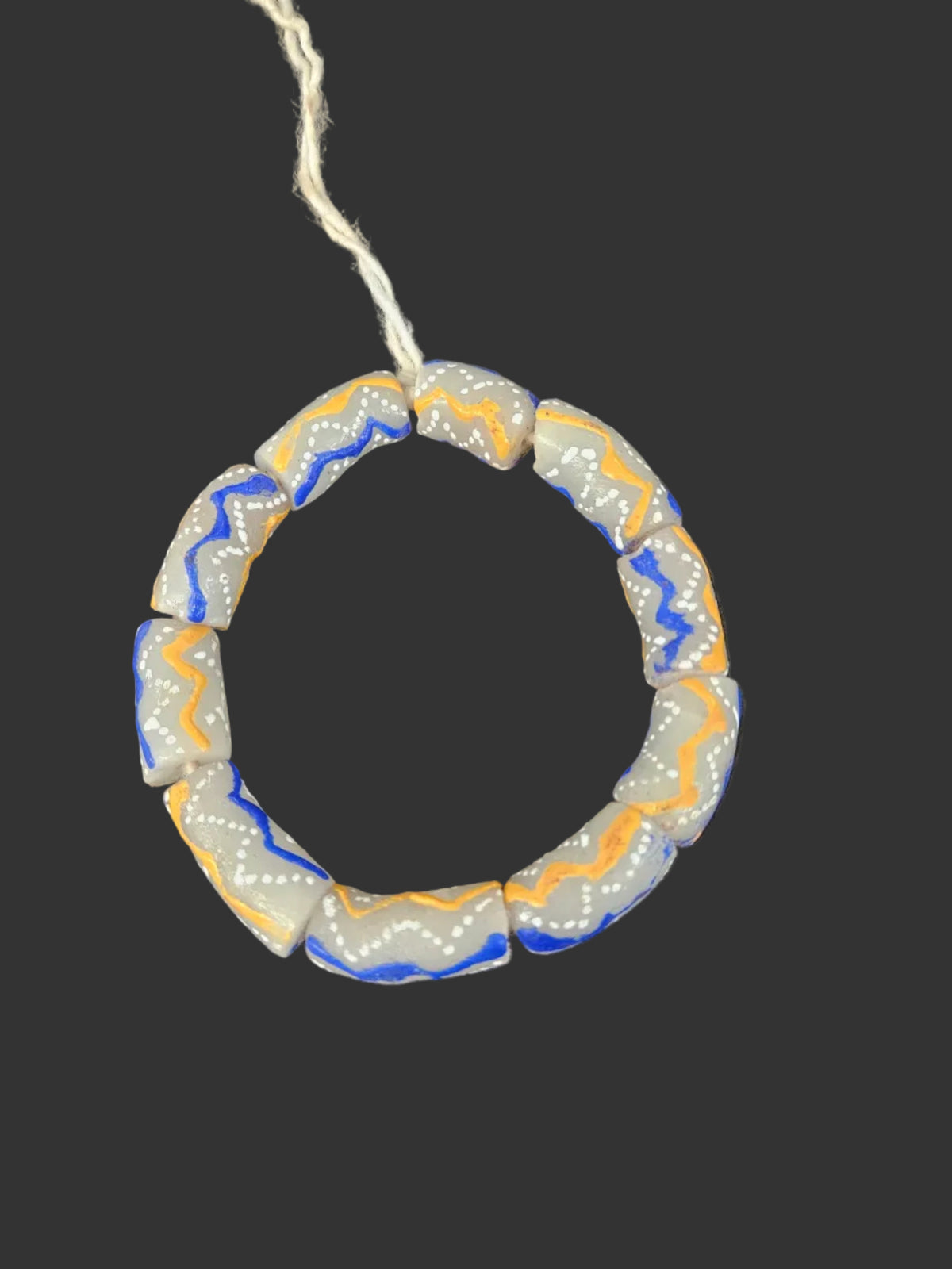 African Glass Beads – Painted Krobo Long Tubes, Gray Blue & Gold