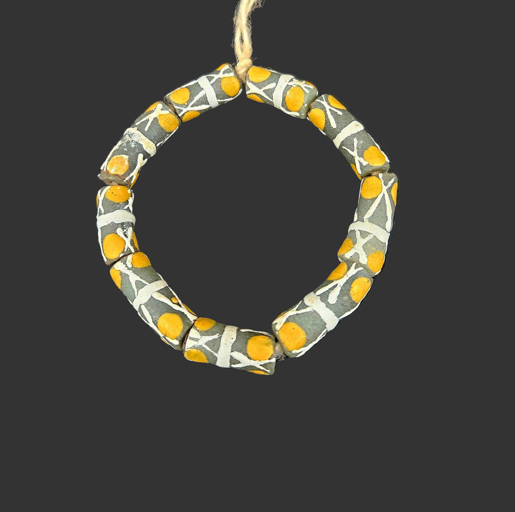 African Glass Beads – Painted Krobo Long Tubes, Green & Gold