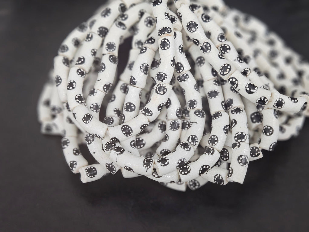 Ivory White Krobo Painted Glass Tube Beads with Ebony Black Medallion Motifs