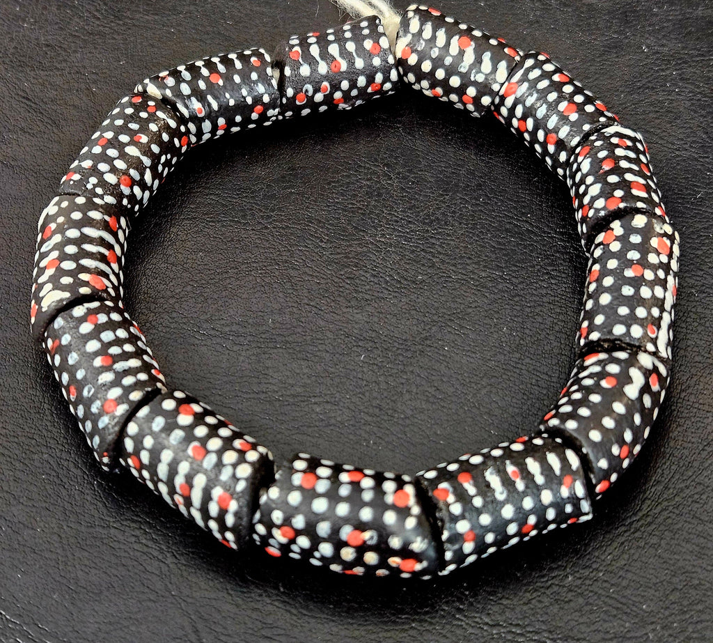 Painted Krobo Glass Beads | Black Red & White Polka Dot Long Tube Beads | Handcrafted Ghana Recycled Glass Beads