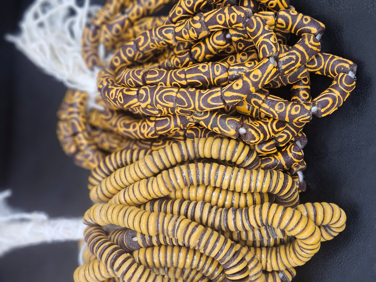 Handcrafted Krobo Painted Glass Tube Beads – Espresso Brown & Golden Ochre | Ghana Recycled Glass | Approx. 10 Beads