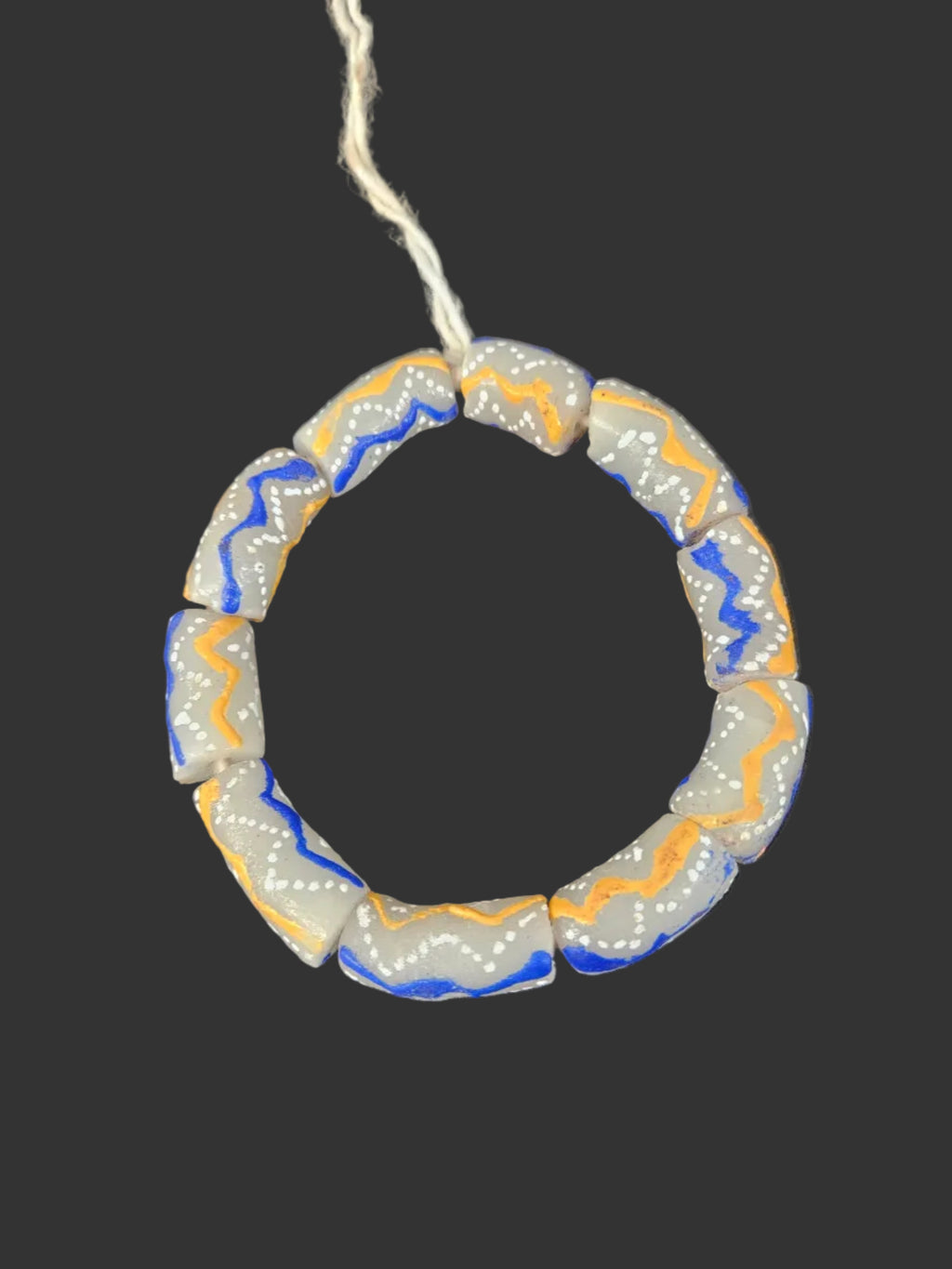 African Glass Beads – Painted Krobo Long Tubes, Gray Blue & Gold