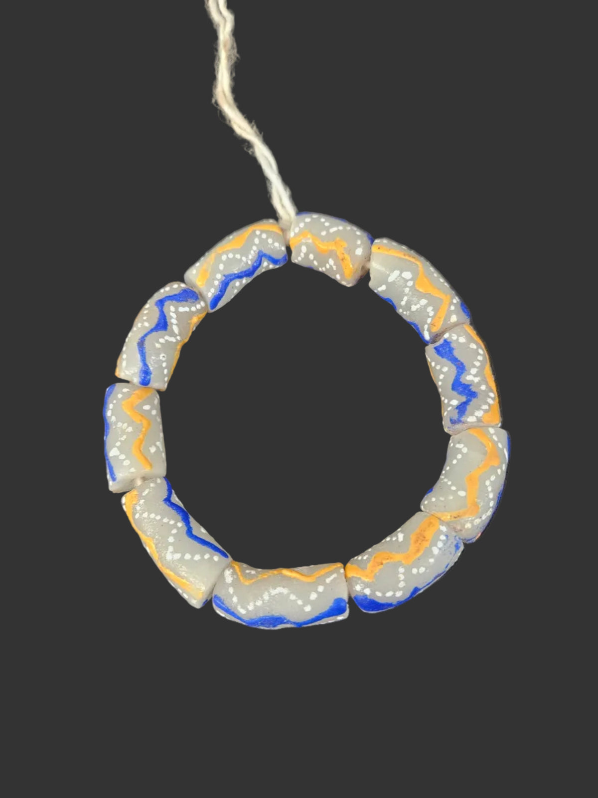 African Glass Beads – Painted Krobo Long Tubes, Gray Blue & Gold