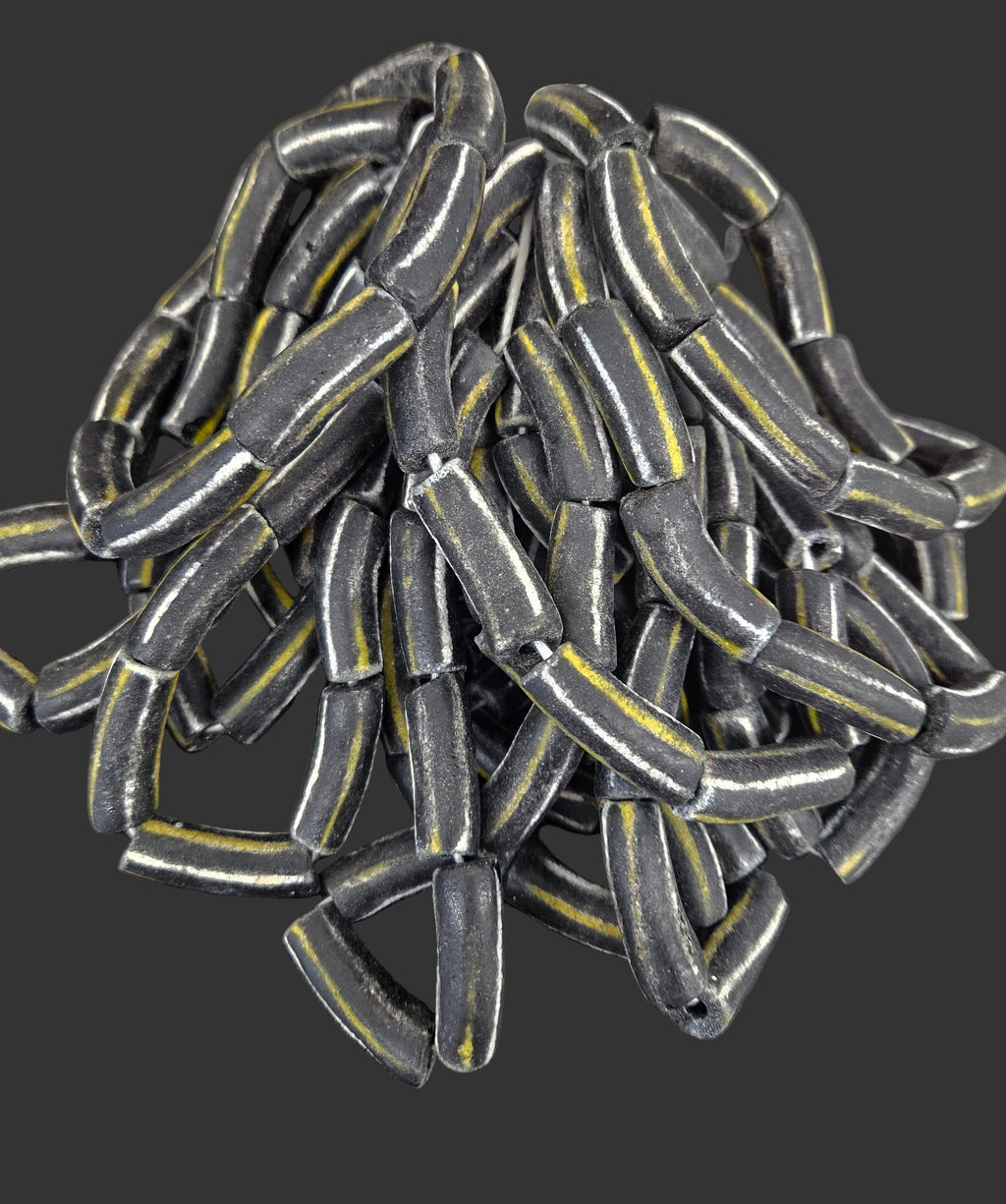 African Glass Beads – Painted Krobo Long Tubes, Black & Gold Beads
