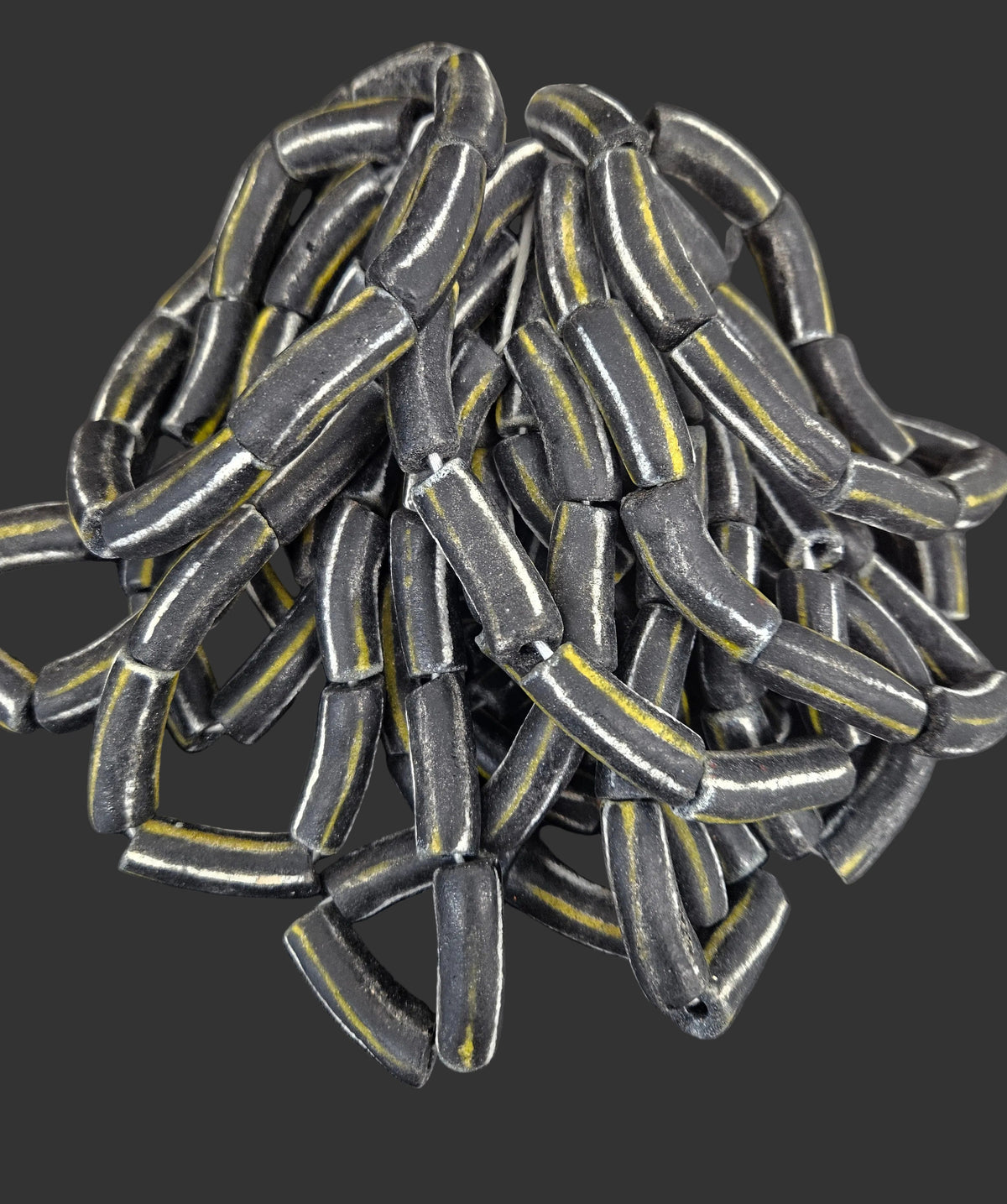 African Glass Beads – Painted Krobo Long Tubes, Black & Gold Beads