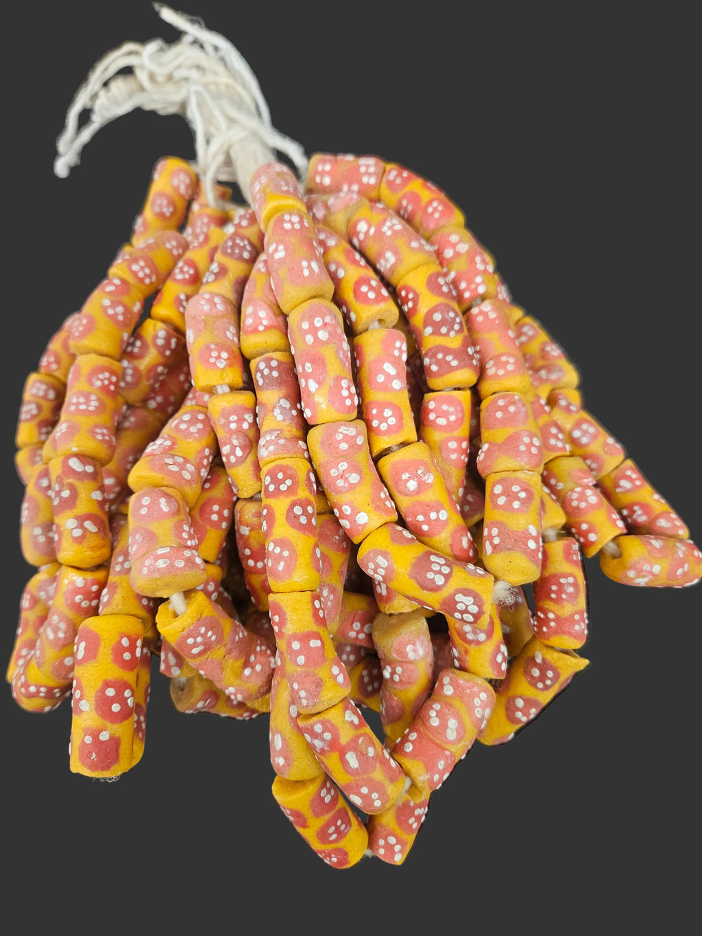 African Glass Beads – Painted Krobo Long Tubes, Gold & Coral Ghana Beads