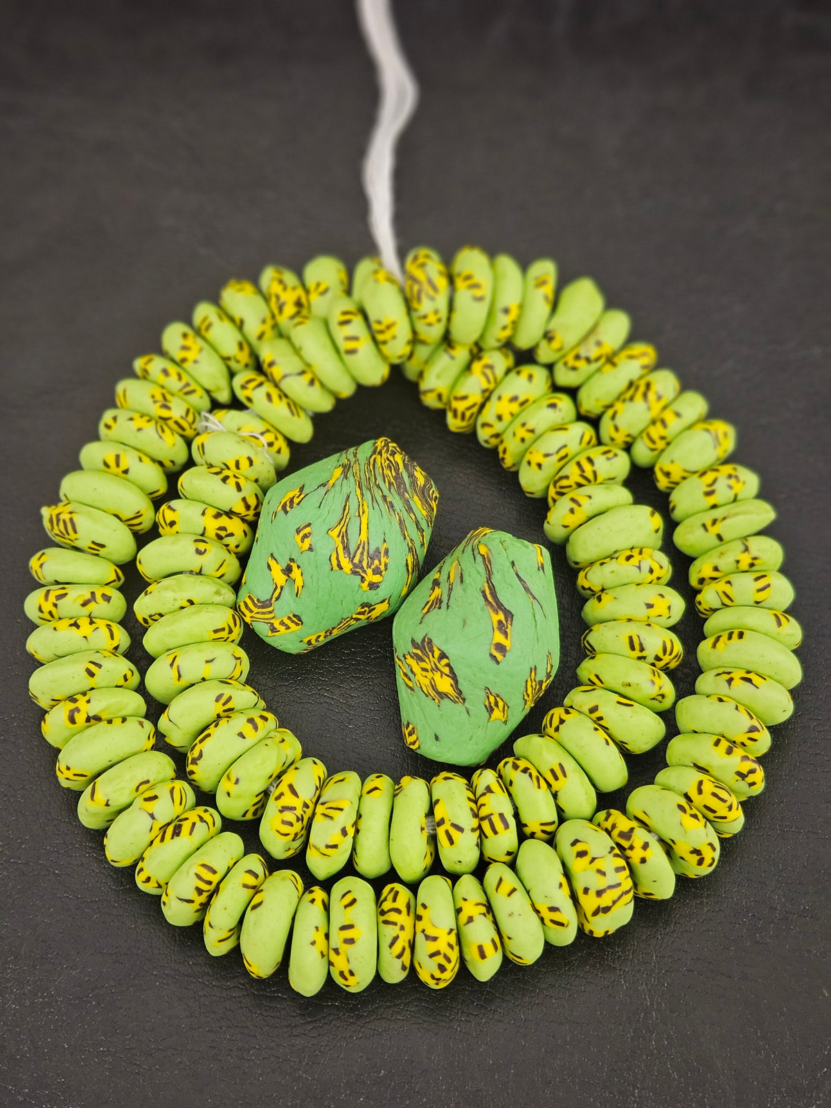 Green African Glass Beads Bundle – Krobo Rondelles + Bicone Focals