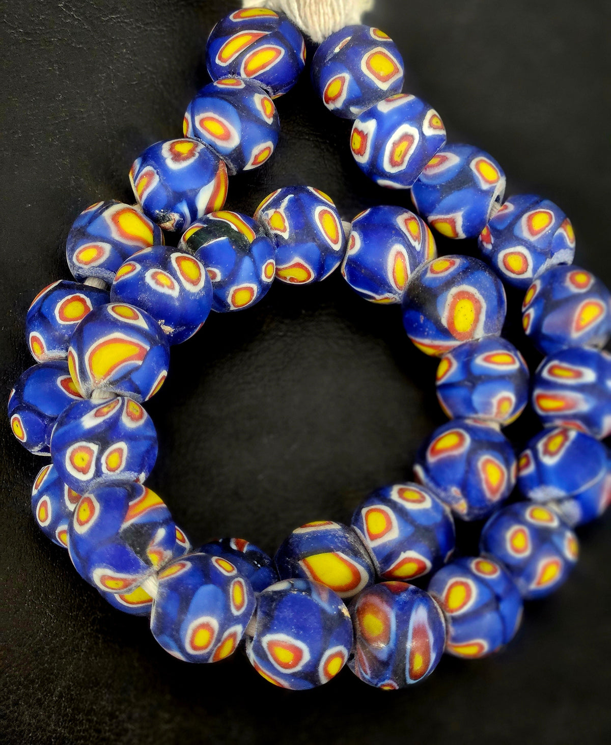 Cobalt Blue Eye Motif African Trade Beads Sourced in Ghana | Large-Hole Glass Trade Beads | 15–16mm Designer & Collector Strand