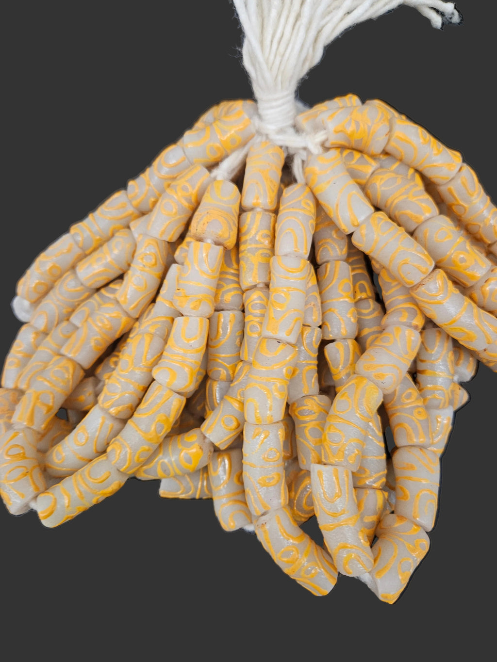 African Glass Beads – Painted Krobo Long Tubes, Frosty White & Gold Beads