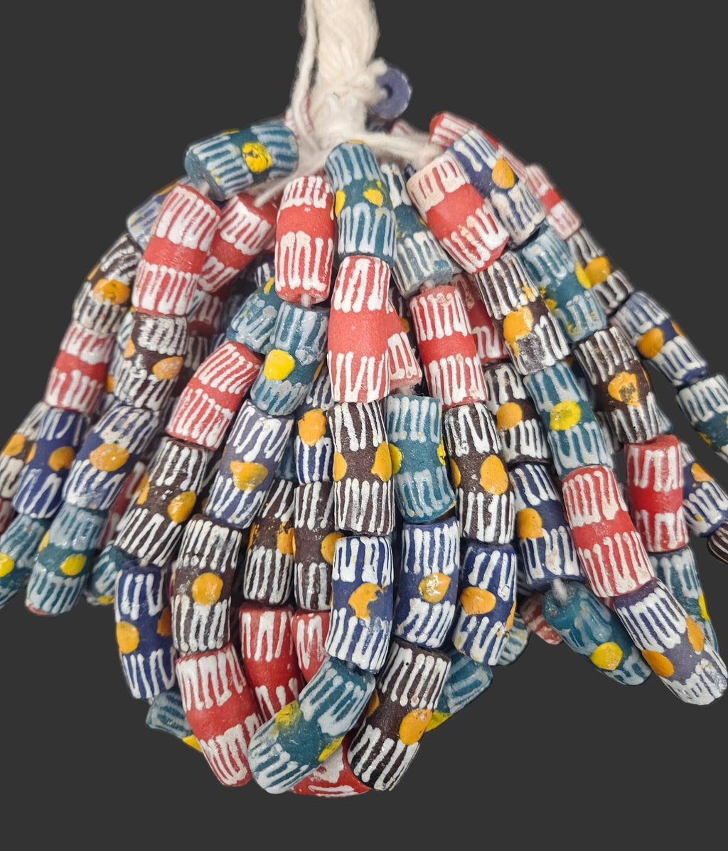 African Glass Beads – Painted Krobo Long Tubes, Multicolor Krobo Beads