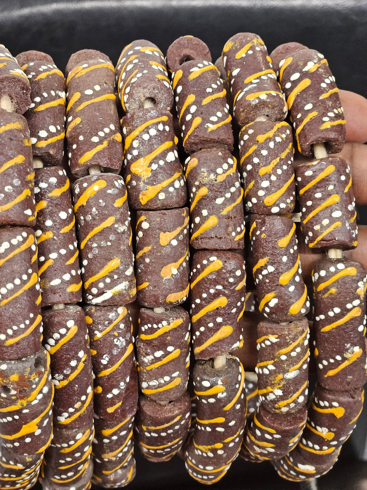 Fall Handcrafted Krobo Painted Recycled Glass Beads – African Brown Tube Beads with White & Yellow Patterns (17–18mm × 30–32mm)