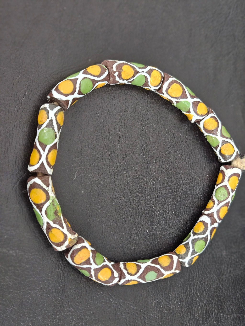 Chocolate Brown Krobo Painted Glass Tube Beads with Golden Yellow & Leaf Green Mosaic Motifs | Handcrafted Recycled Glass from Ghana
