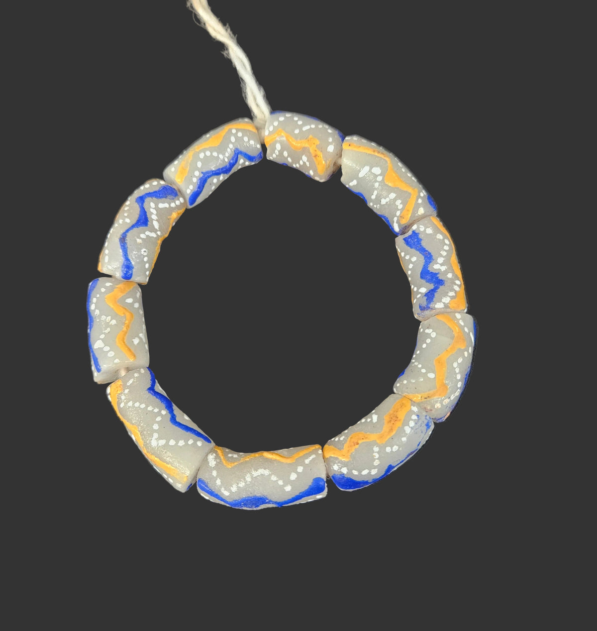 African Glass Beads – Painted Krobo Long Tubes, Gray Blue & Gold