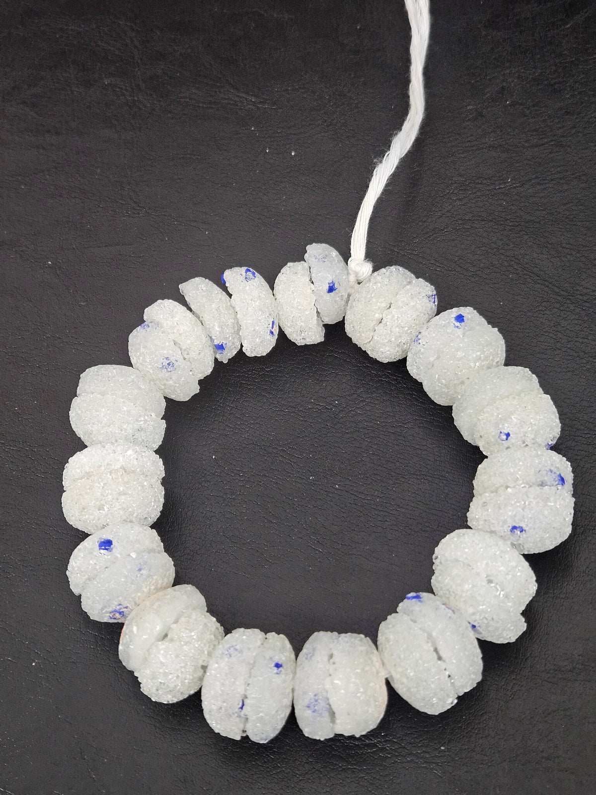 White & Blue Speckled Krobo Sugar Glass Rondelle Beads | Handcrafted Recycled Glass Beads from Ghana | Approx. 30 Beads Per Strand