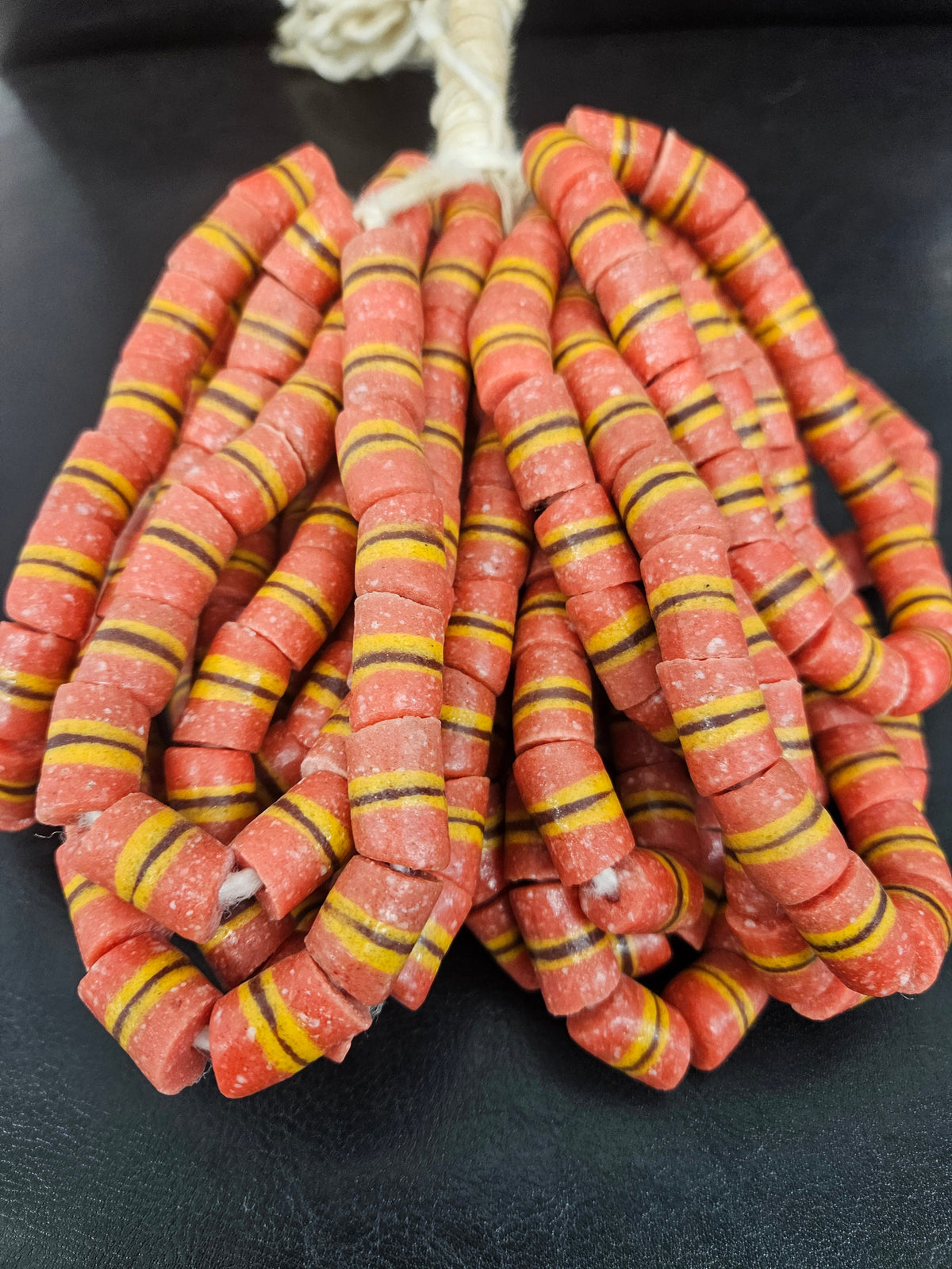 Red Striped Krobo Kente Glass Beads | Handcrafted Powdered Glass Beads from Ghana | Approx. 17 Beads