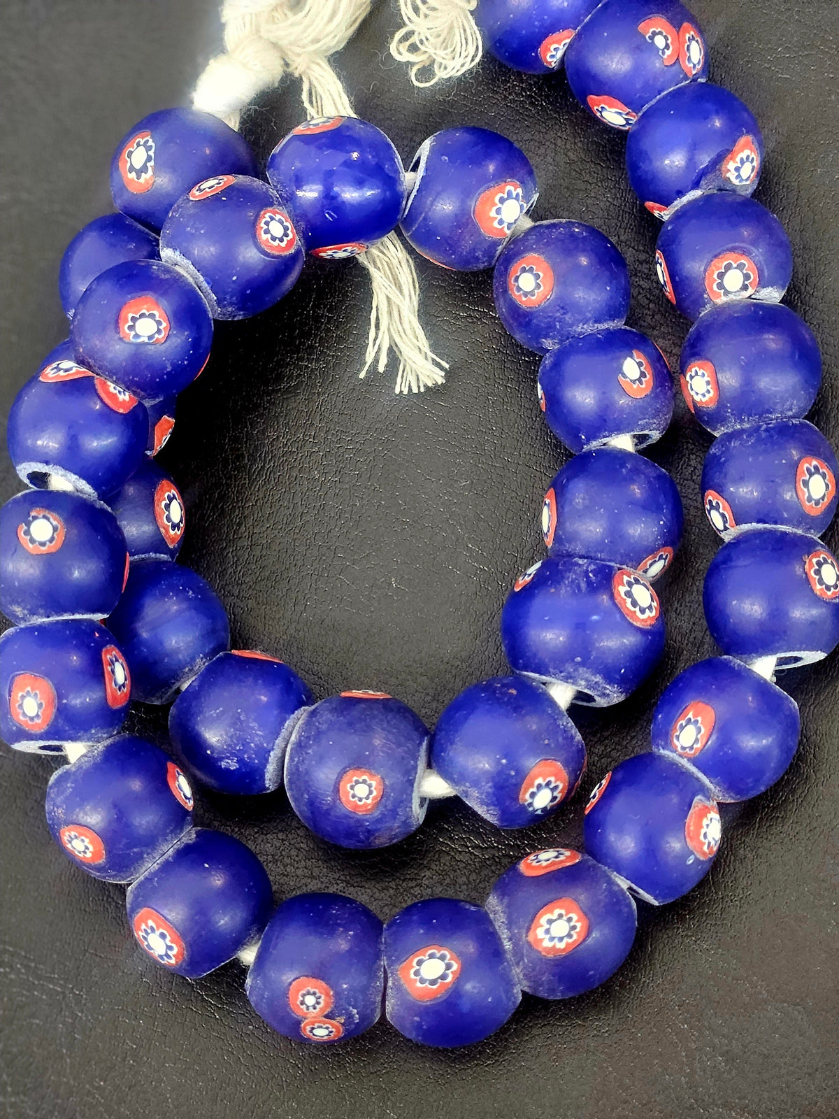 Royal Blue Floral Eye African Trade Beads Sourced in Ghana | Large-Hole Recycled Glass Trade Beads | 15–16mm Designer & Collector Strand