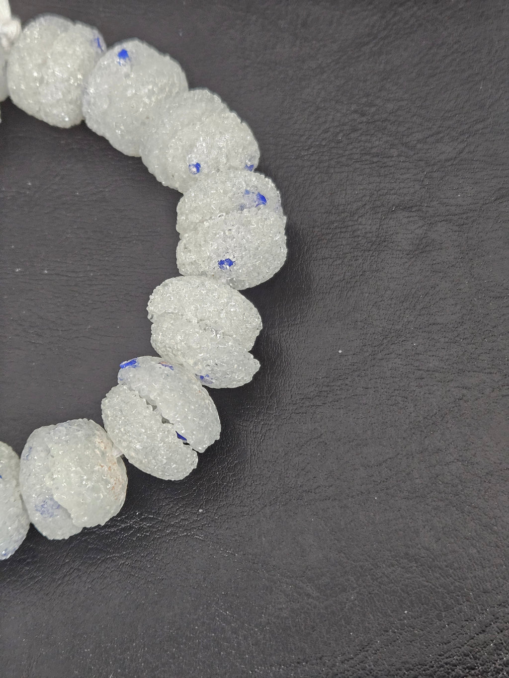 White & Blue Speckled Krobo Sugar Glass Rondelle Beads | Handcrafted Recycled Glass Beads from Ghana | Approx. 30 Beads Per Strand