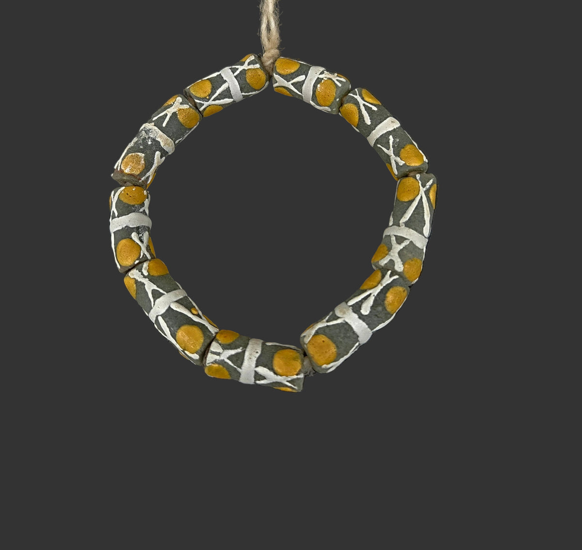 African Glass Beads – Painted Krobo Long Tubes, Green & Gold