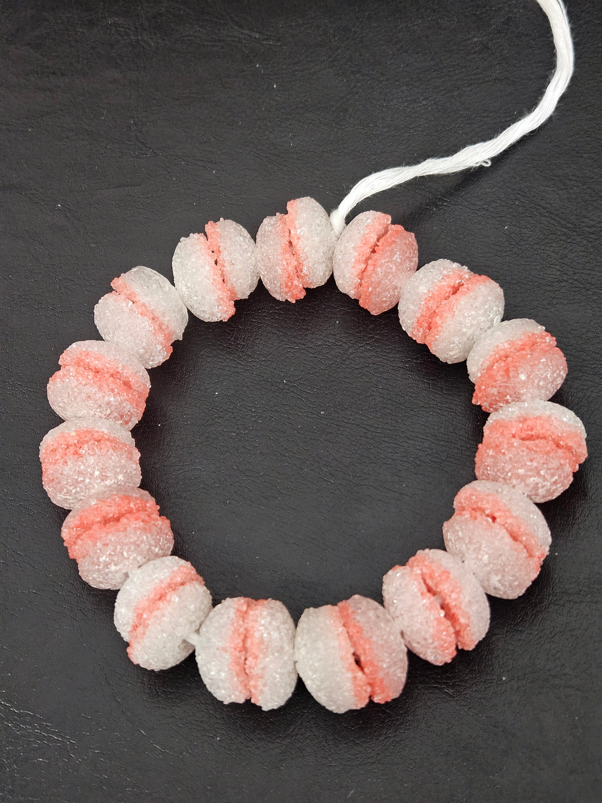Coral & White Krobo Sugar Glass Rondelle Beads | Handcrafted Recycled Glass Beads from Ghana | Approx. 30 Beads Per Strand