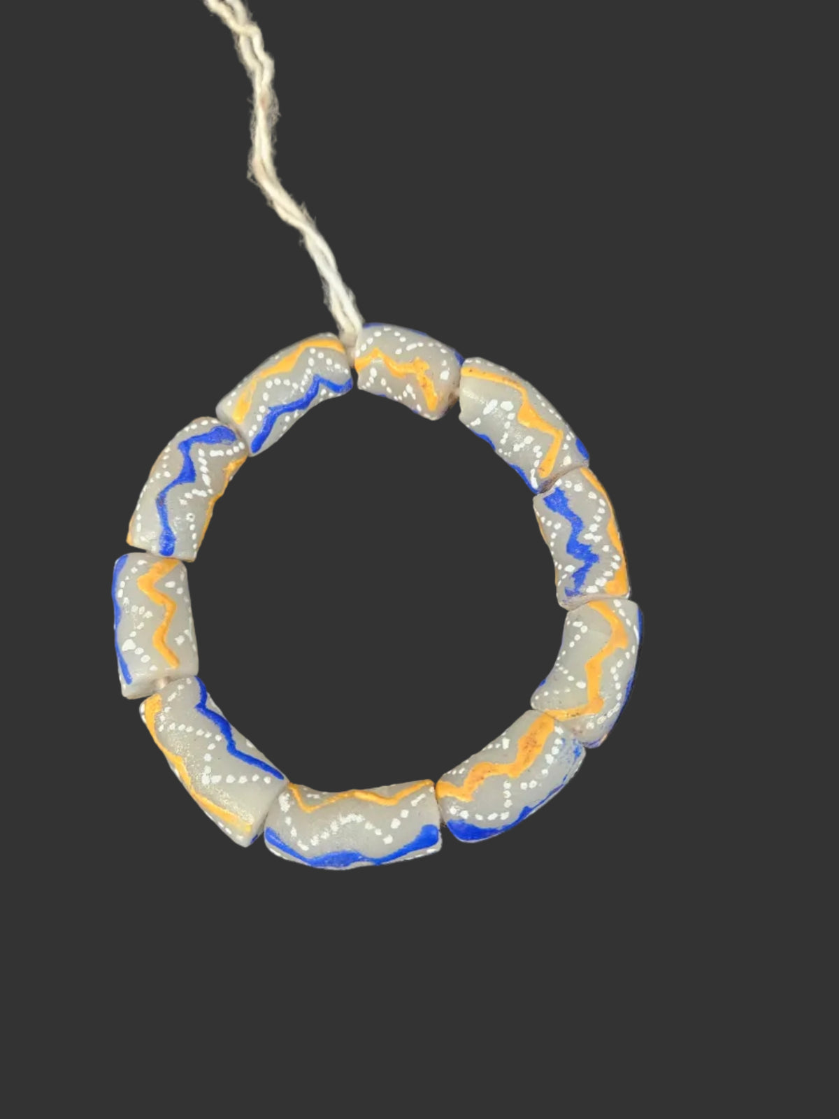 African Glass Beads – Painted Krobo Long Tubes, Gray Blue & Gold