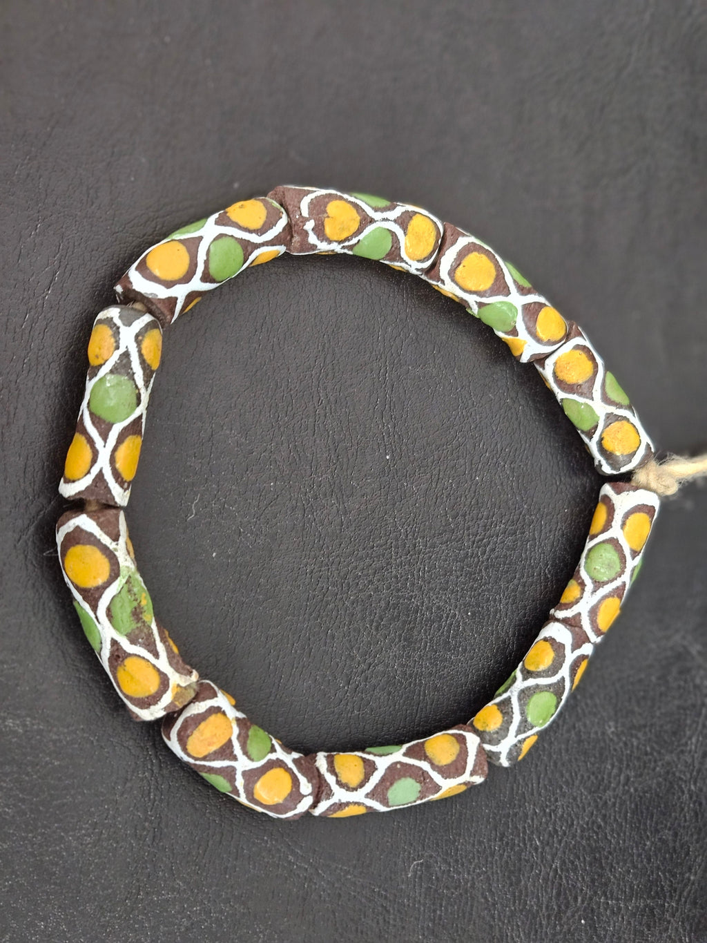 Chocolate Brown Krobo Painted Glass Tube Beads with Golden Yellow & Leaf Green Mosaic Motifs | Handcrafted Recycled Glass from Ghana